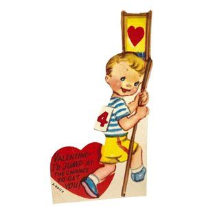 Vintage 1950s Valentine Greeting Card Sports Pole Vaulting Boy 4 Inch Diecut